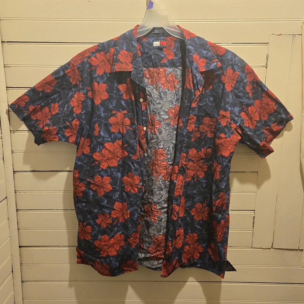 Tommy Hilfiger Shirt Mens Red Blue Floral Hawaiian Short Sleeve Cotton Resort